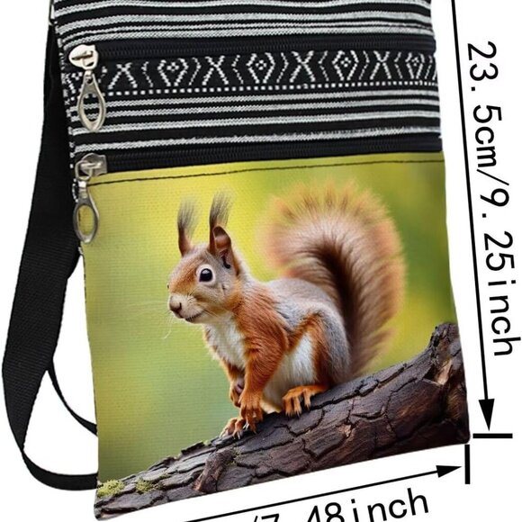 Squirrel Crossbody Bag Ethnic Pattern Small Wallet Phone Case Adjustable Strap - Picture 2 of 7